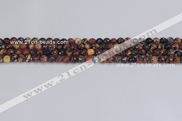 COB676 15.5 inches 4mm faceted round red snowflake obsidian beads