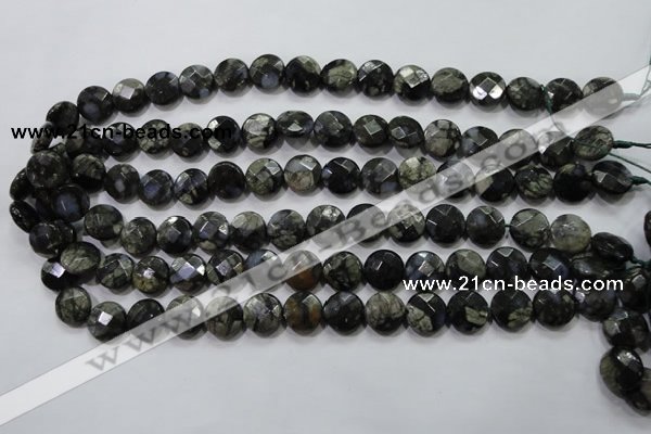 COP481 15.5 inches 12mm faceted coin natural grey opal beads