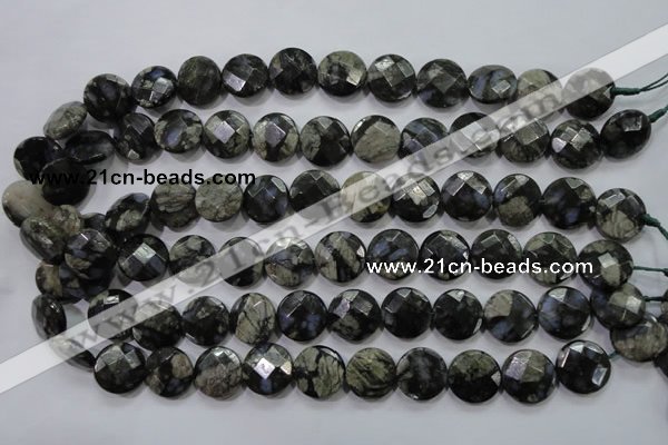 COP482 15.5 inches 15mm faceted coin natural grey opal beads