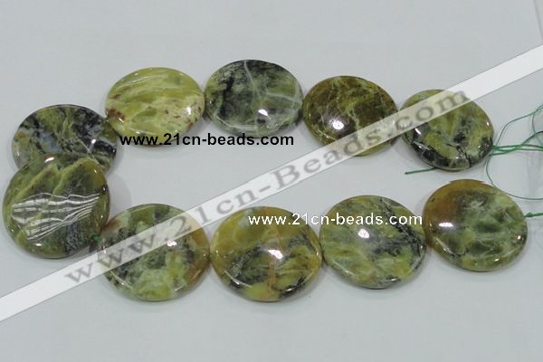 COP560 15.5 inches 40mm flat round natural yellow & green opal beads