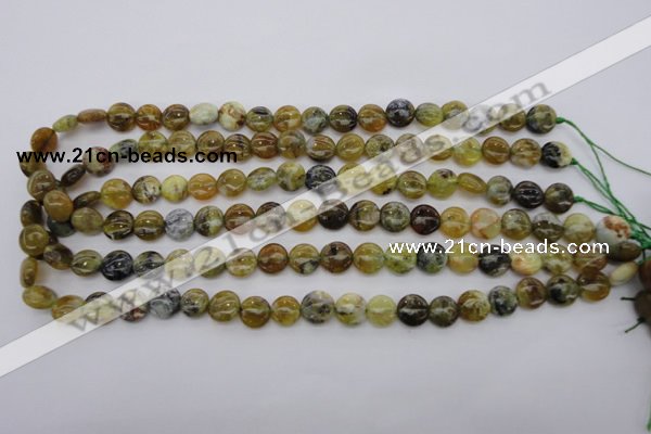 COP567 15.5 inches 10mm flat round natural yellow & green opal beads