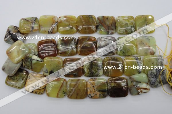 COP581 15.5 inches 25*25mm square natural yellow & green opal beads