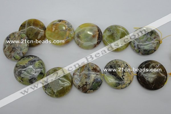 COP597 15.5 inches 35mm flat round natural yellow & green opal beads