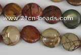 CPJ351 15.5 inches 14mm flat round picasso jasper gemstone beads