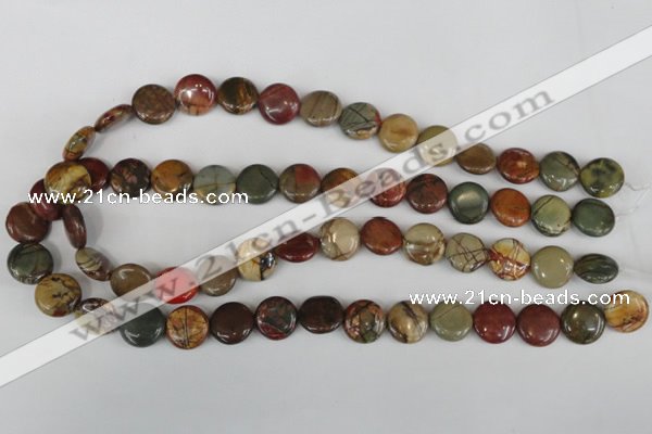 CPJ351 15.5 inches 14mm flat round picasso jasper gemstone beads