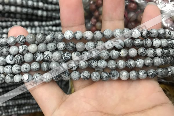 CPJ641 15.5 inches 6mm faceted round grey picture jasper beads