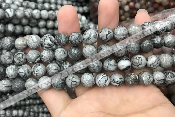 CPJ643 15.5 inches 10mm faceted round grey picture jasper beads