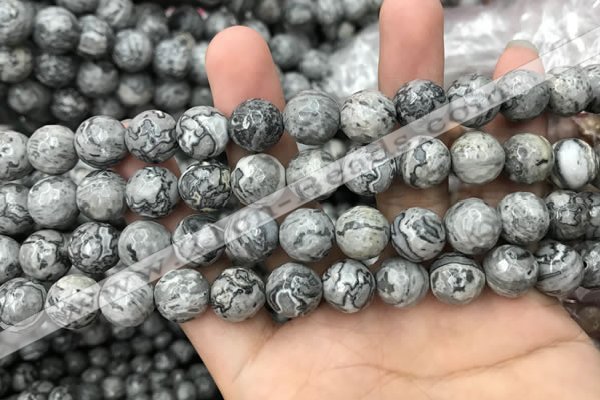 CPJ644 15.5 inches 12mm faceted round grey picture jasper beads