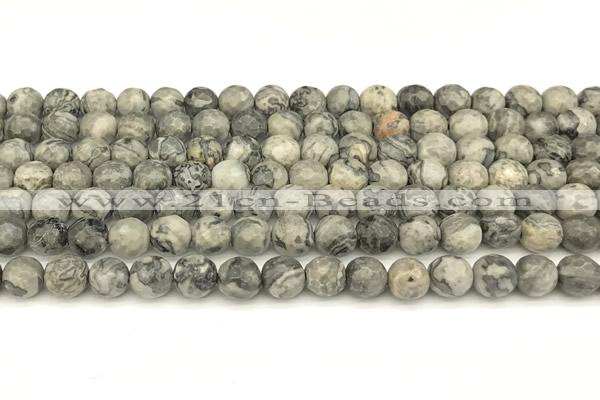 CPJ725 15 inches 6mm faceted round grey picture jasper beads