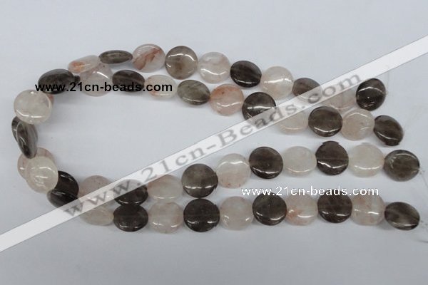 CPQ102 16mm flat round natural pink crystal & smoky quartz beads