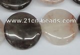 CPQ103 25mm flat round natural pink crystal & smoky quartz beads