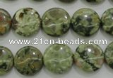 CPS142 15.5 inches 14mm flat round green peacock stone beads