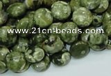 CPS35 15.5 inches 10mm flat round green peacock stone beads