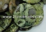 CPS39 15.5 inches 20mm flat round green peacock stone beads