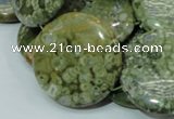 CPS40 15.5 inches 30mm flat round green peacock stone beads