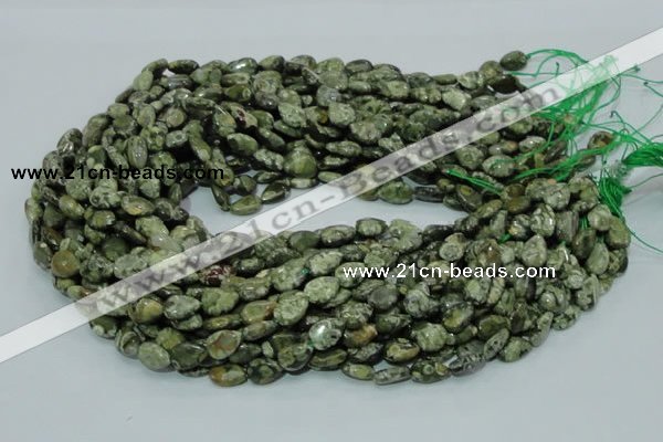 CPS47 15.5 inches 8*12mm flat teardrop green peacock stone beads