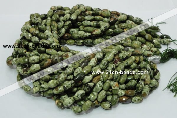 CPS66 15.5 inches 7*11mm faceted rice green peacock stone beads