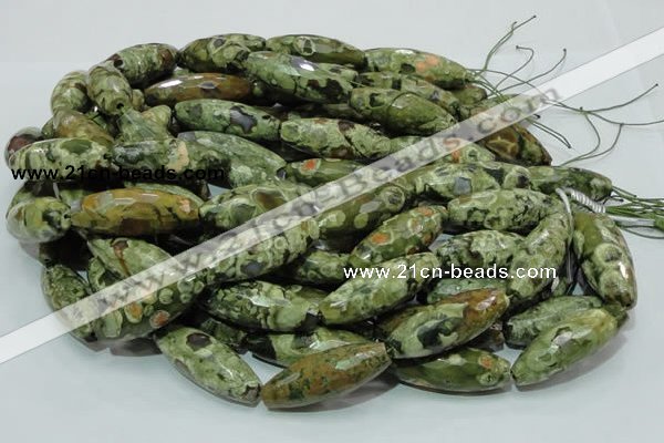 CPS72 15.5 inches 15*40mm faceted rice green peacock stone beads