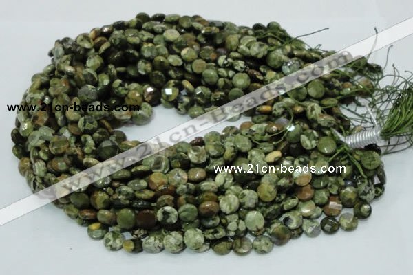 CPS83 15.5 inches 10mm faceted flat round green peacock stone beads