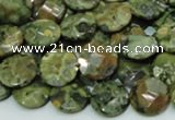 CPS84 15.5 inches 12mm faceted flat round green peacock stone beads