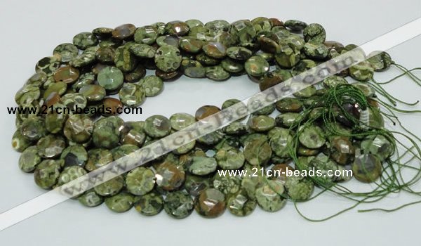 CPS84 15.5 inches 12mm faceted flat round green peacock stone beads