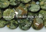 CPS85 15.5 inches 14mm faceted flat round green peacock stone beads