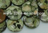 CPS87 15.5 inches 20mm faceted flat round green peacock stone beads