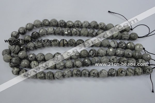 CPT114 15.5 inches 12mm faceted round grey picture jasper beads