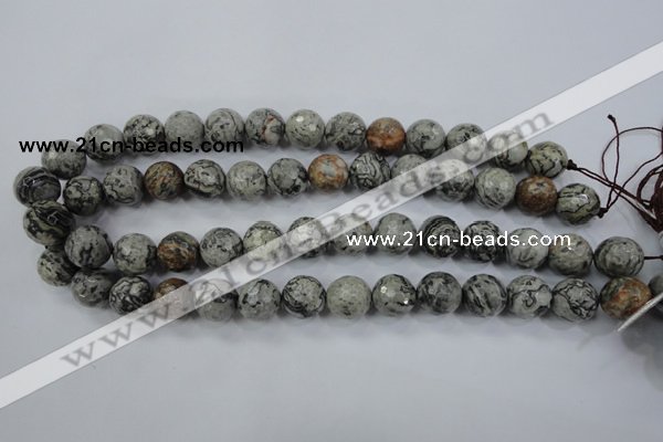 CPT115 15.5 inches 14mm faceted round grey picture jasper beads