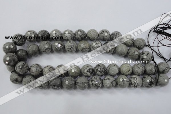 CPT116 15.5 inches 16mm faceted round grey picture jasper beads