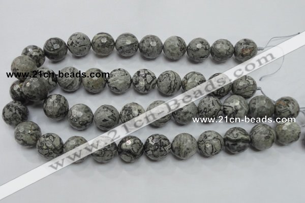 CPT117 15.5 inches 18mm faceted round grey picture jasper beads