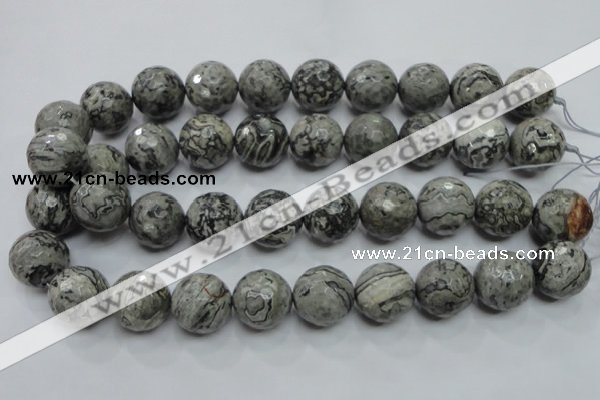 CPT118 15.5 inches 20mm faceted round grey picture jasper beads