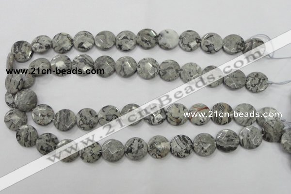 CPT125 15.5 inches 15mm faceted coin grey picture jasper beads