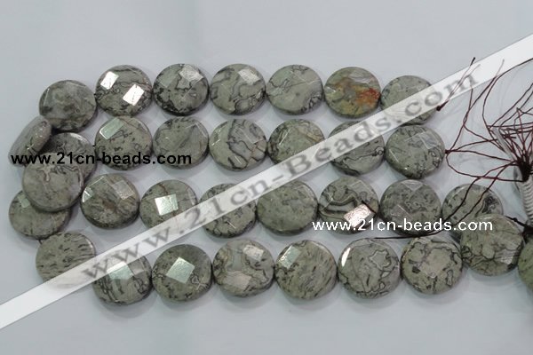 CPT126 15.5 inches 25mm faceted coin grey picture jasper beads