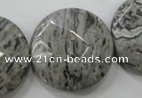 CPT127 15.5 inches 30mm faceted coin grey picture jasper beads