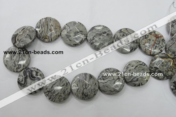 CPT127 15.5 inches 30mm faceted coin grey picture jasper beads