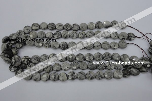 CPT140 15.5 inches 12mm faceted coin grey picture jasper beads