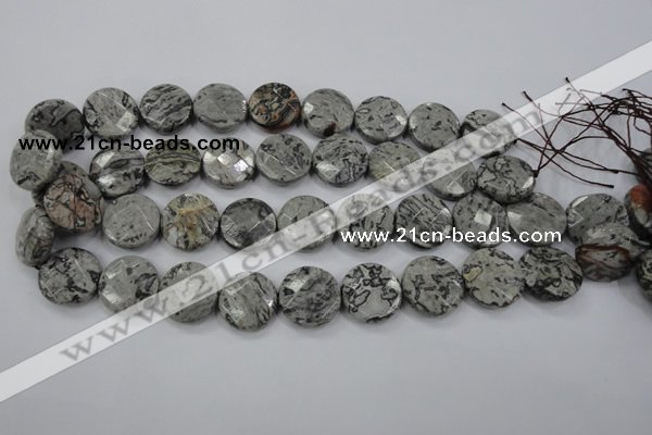 CPT141 15.5 inches 20mm faceted coin grey picture jasper beads