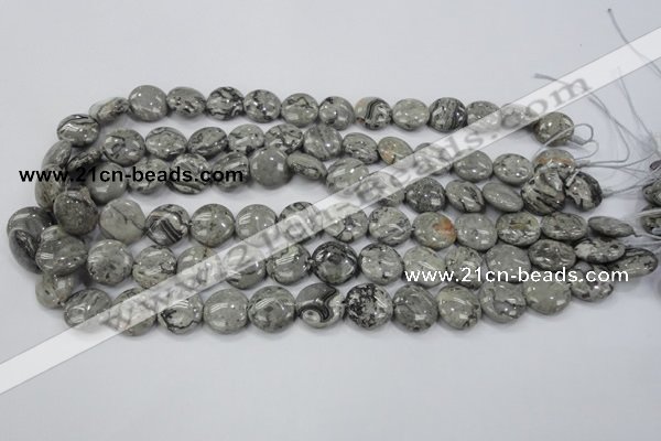 CPT164 15.5 inches 14mm flat round grey picture jasper beads