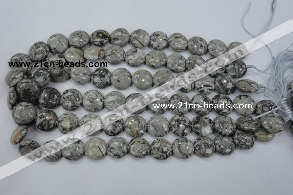 CPT165 15.5 inches 16mm flat round grey picture jasper beads