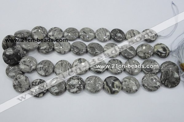 CPT167 15.5 inches 20mm flat round grey picture jasper beads