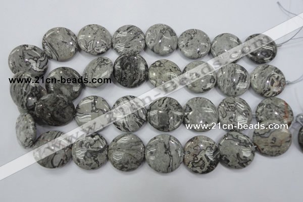 CPT168 15.5 inches 25mm flat round grey picture jasper beads