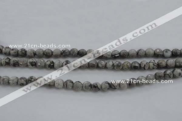 CPT187 15.5 inches 6mm faceted round grey picture jasper beads