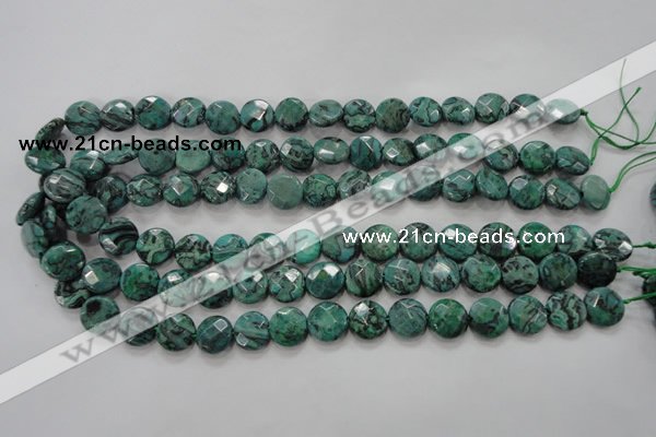 CPT232 15.5 inches 12mm faceted coin green picture jasper beads