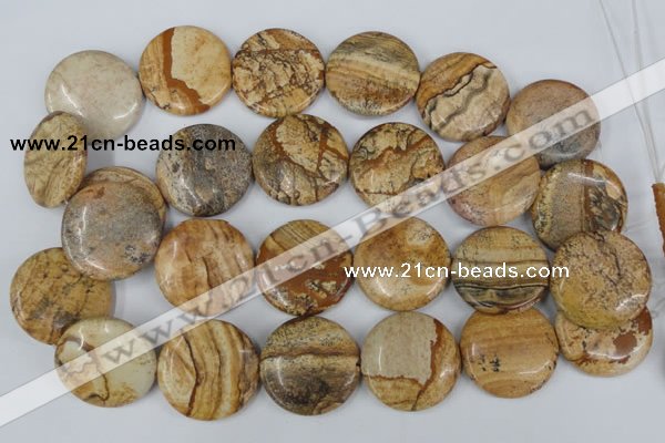 CPT260 15.5 inches 30mm flat round picture jasper beads wholesale