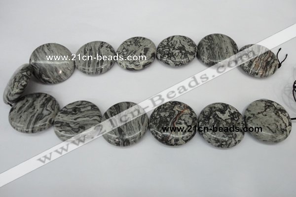 CPT361 15.5 inches 30mm flat round grey picture jasper beads