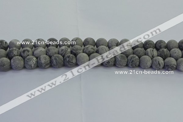 CPT573 15.5 inches 10mm round matte grey picture jasper beads