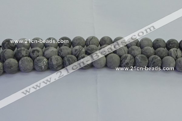 CPT574 15.5 inches 12mm round matte grey picture jasper beads