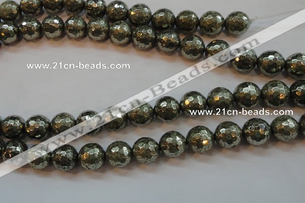 CPY109 15.5 inches 12mm faceted round pyrite gemstone beads wholesale