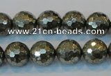 CPY110 15.5 inches 14mm faceted round pyrite gemstone beads wholesale